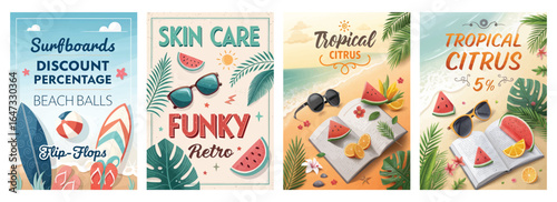 Colorful tropical-themed posters featuring beach-related items and skincare products.