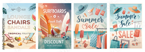 Vibrant summer sale posters featuring beach elements and cheerful colors.