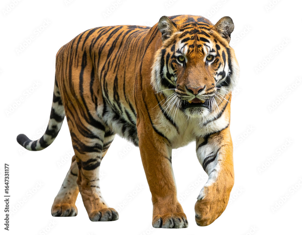 Obraz premium Majestic Bengal Tiger in Mid-Step, Front-Facing Gaze, Transparent Background