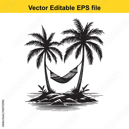 Island, beach, palm hammock strung between two palm trees on a tropical island beach