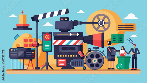 A cartoonish drawing of a movie set with a man and woman in suits shaking hands. The image is titled "The Art of Filmmaking"