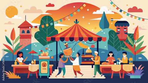 A group of people are walking around a carnival, with a large tent in the background. The atmosphere is lively and fun, with people enjoying the various food and games available