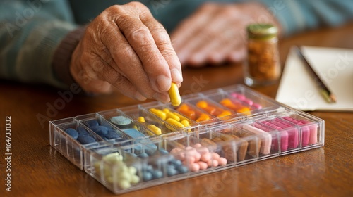 Senior man organizing colorful pills in a weekly medication organizer.