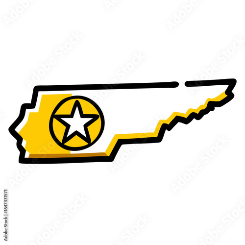 State outline features yellow and black coloring, displaying a star emblem within its borders.