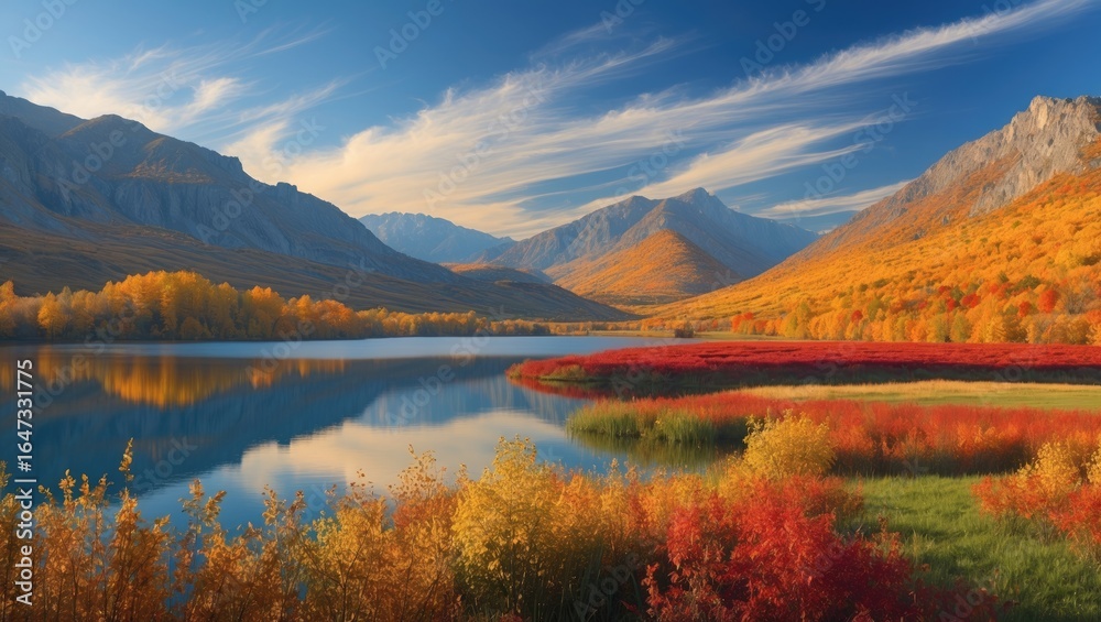 Fototapeta premium Scenic landscape of mountains, lake, and colorful autumn foliage under a blue sky.