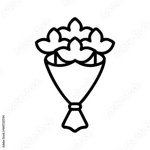 A detailed line drawing depicts a lush bouquet of flowers tied with string.