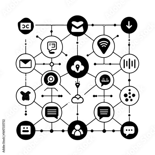 Network of communication icons, connecting people and information flow