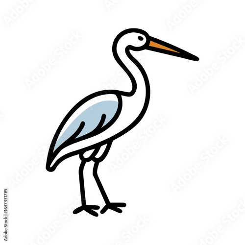 Elegant white bird with a long beak and legs, standing gracefully in a stylized illustration.