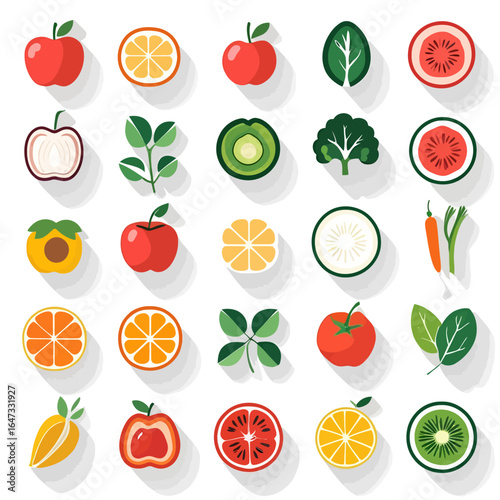 Colorful fruit and vegetable flat lay pattern on white, healthy food concept