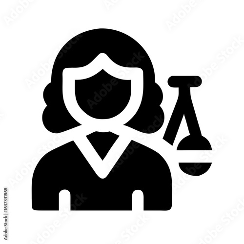 Woman figure with shield and scales, representing justice, protection, and balanced decision-making.