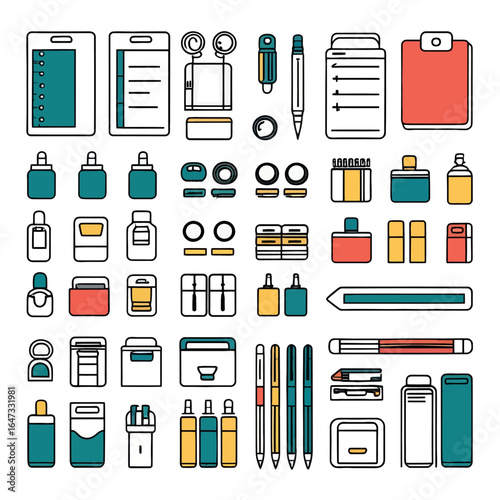 Office supplies and stationery icons on a white background, flat design