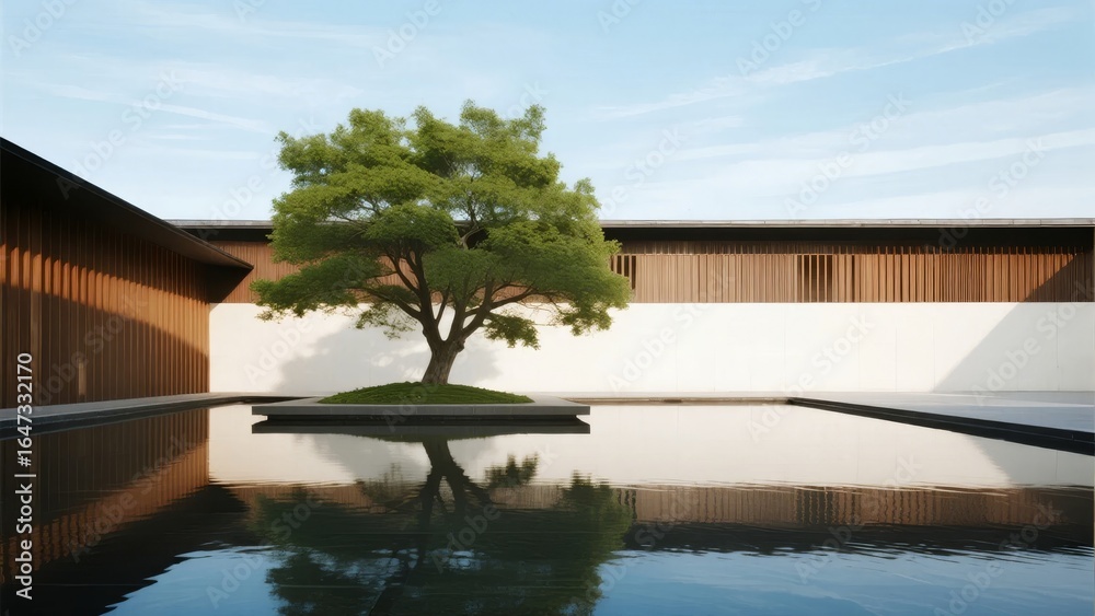 Fototapeta premium Modern minimalist courtyard with a solitary tree reflected in a calm water pool