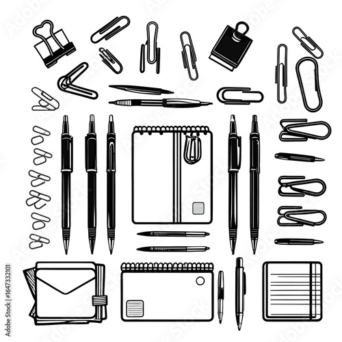 Black and White Stationery Set with Pens, Notebooks, and Paperclips on White