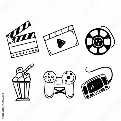 Illustration of movie and game related icons including clapperboard, film reel, game controller, ice cream isolated on white background