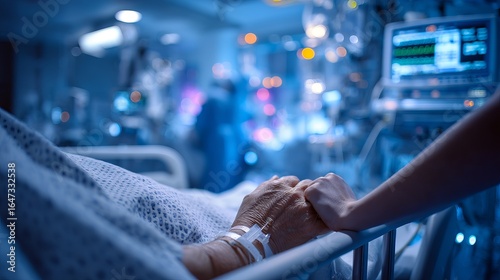 A compassionate nurse holds the hand of an elderly patient in a hospital's intensive care unit.