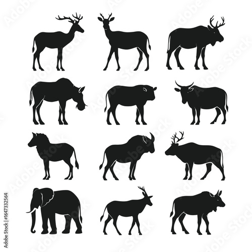 Black animal silhouettes, deer, elephant