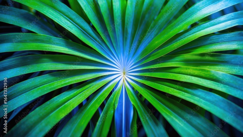 Obraz premium Colorful leaf pattern with blue and green shades, showcasing natural lines and structure. Botanical and plant life, vibrant foliage. The concept of nature and plant growth.
