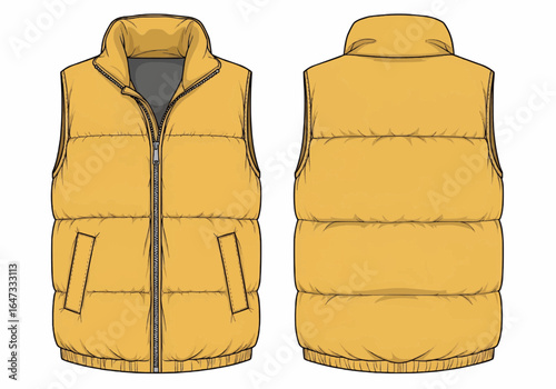 Mustard yellow puffer vest, front and back views, detailed technical drawing.