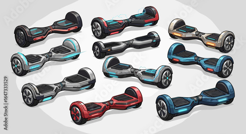 Assortment of hoverboards in various colors displayed on a light gray surface in a neat arrangement