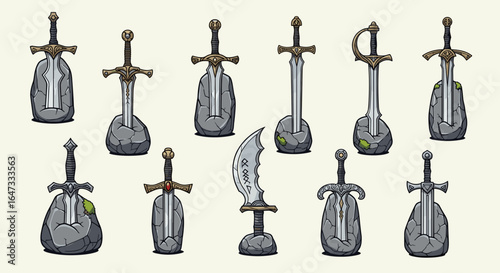 Illustration showing a collection of various swords embedded in stones with detailed hilt designs and blades