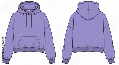 Front and back view technical drawing of a lavender-colored hoodie.