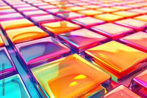 Vibrant iridescent cubes: abstract colorful 3D render, glossy texture, energetic mood.