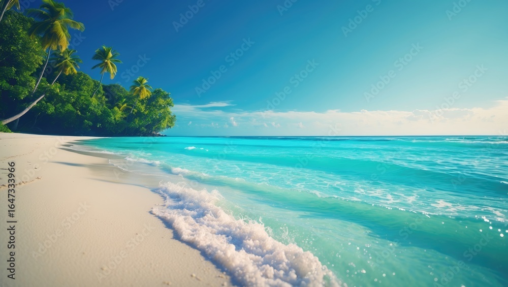 Fototapeta premium Tropical beach with white sand, palm trees, and turquoise water under a bright blue sky.