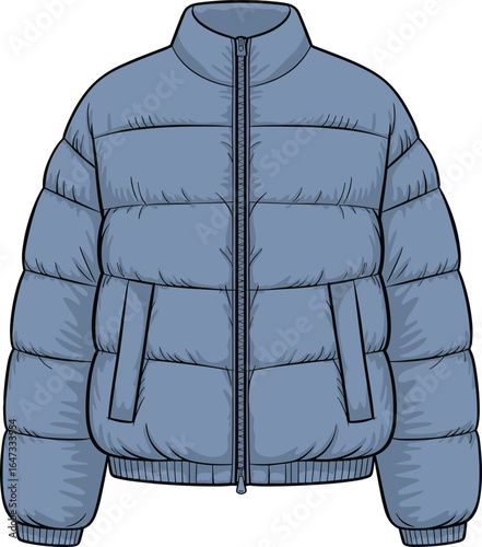 Blue puffer jacket front view technical flat sketch, quilted winter coat design with zipper closure and ribbed cuffs, CAD vector illustration for fashion apparel presentation