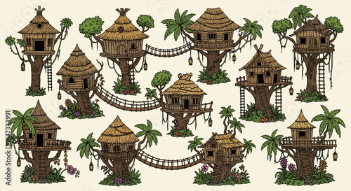 Illustration showcasing multiple treehouses with thatched roofs and rope bridges in a lush environment