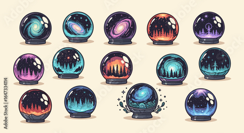 Collection of fifteen decorative eggs with galaxies and forest scenes inside on a cream background