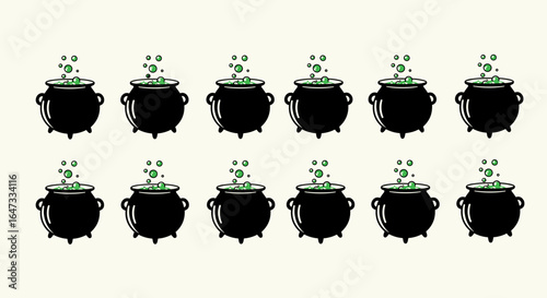 Illustration of twelve black cauldrons with green bubbling potion on a cream colored background design