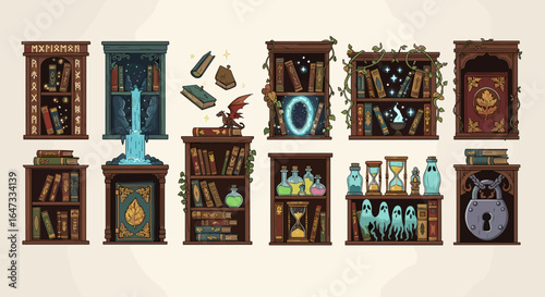 Collection of whimsical bookshelves filled with magical items, books, and mystical artifacts displayed