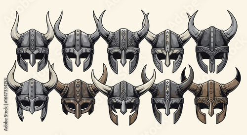 Collection of ten viking helmets with horns and intricate designs arranged in two rows on cream background