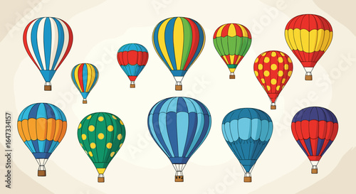 Illustration of a collection of colorful hot air balloons in various designs and patterns on a light background