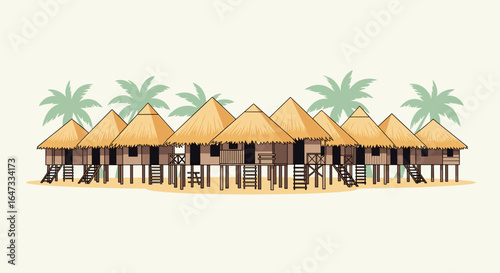 Illustration of a tropical village with stilt houses and palm trees in a coastal setting view of huts line up