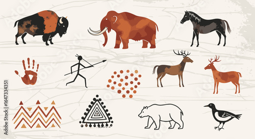 Cave painting style illustration featuring animals, human figure and abstract symbols in earthy tones