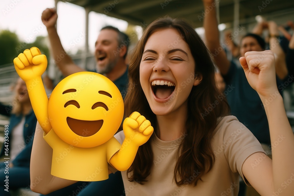 Obraz premium Excited fans cheering and celebrating with emoji in stadium bleachers