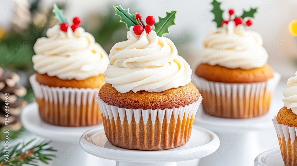 Festive cupcakes with white frosting and holiday decorations, perfect for a Christmas celebration. Festive cupcakes with white frosting and holiday decorations, perfect for a Christmas celebration.