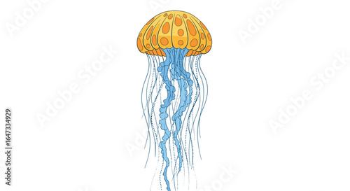 Striking yellow jellyfish with flowing blue tentacles dancing gracefully in the deep ocean waters