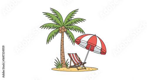 Tropical island beach scene with palm tree umbrella and lounge chair for relaxation and vacation