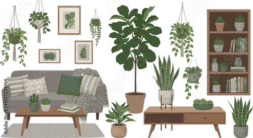 Create a kinds of deferent furniture, house, decoration, flowers, design,  indoor, flower, pot,window, chairs, kitchen, floor, architecture, dining, plants, wooden vector art with white background.