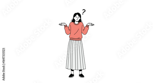 A woman is shrugging her shoulders with a question mark above her head indicating confusion or uncertainty in her expression