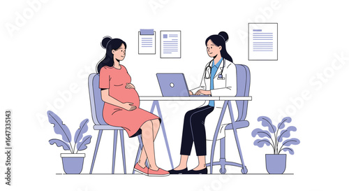 Consultation between a pregnant woman and a doctor in a medical office discussing health and wellness options