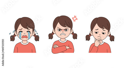 Expressive emotions of a young girl showing sadness anger and deep thought in pixel art style