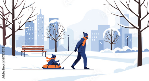 A father and child enjoy a snowy winter day sledding through a park with city buildings in the background