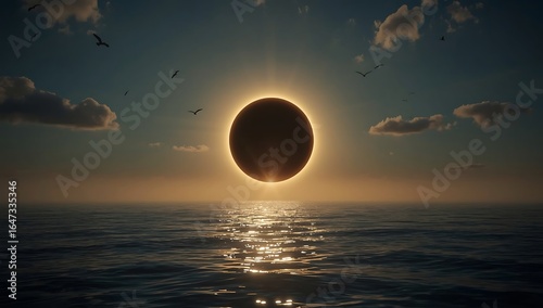 A total solar eclipse over a calm ocean with birds flying and clouds in the sky at sunset time