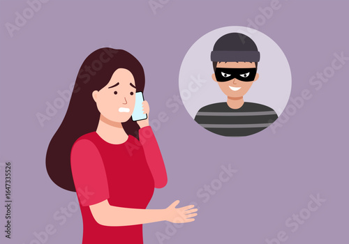A woman receives a call from a scammer on her cell phone. Fight against telephone fraud. Vector flat illustration.