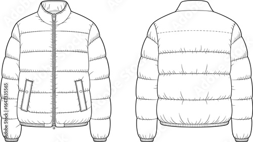 Puffer jacket front and back view technical flat sketch, winter quilted outerwear design with zipper closure and ribbed cuffs, CAD apparel vector illustration for fashion design presentation