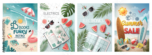 A vibrant summer-themed graphic featuring playful elements like sunglasses, watermelons, and tropical leaves.