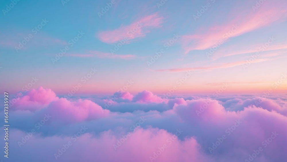 Obraz premium Pink and purple clouds during sunset or sunrise with soft sky. Nature and sky scene. Calm and peaceful atmosphere. The beauty of clouds at dusk or dawn.